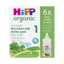 HiPP Organic 1 First Infant Baby Milk Ready to feed liquid formula starter pack, From birth (6 x 90ml bottles)