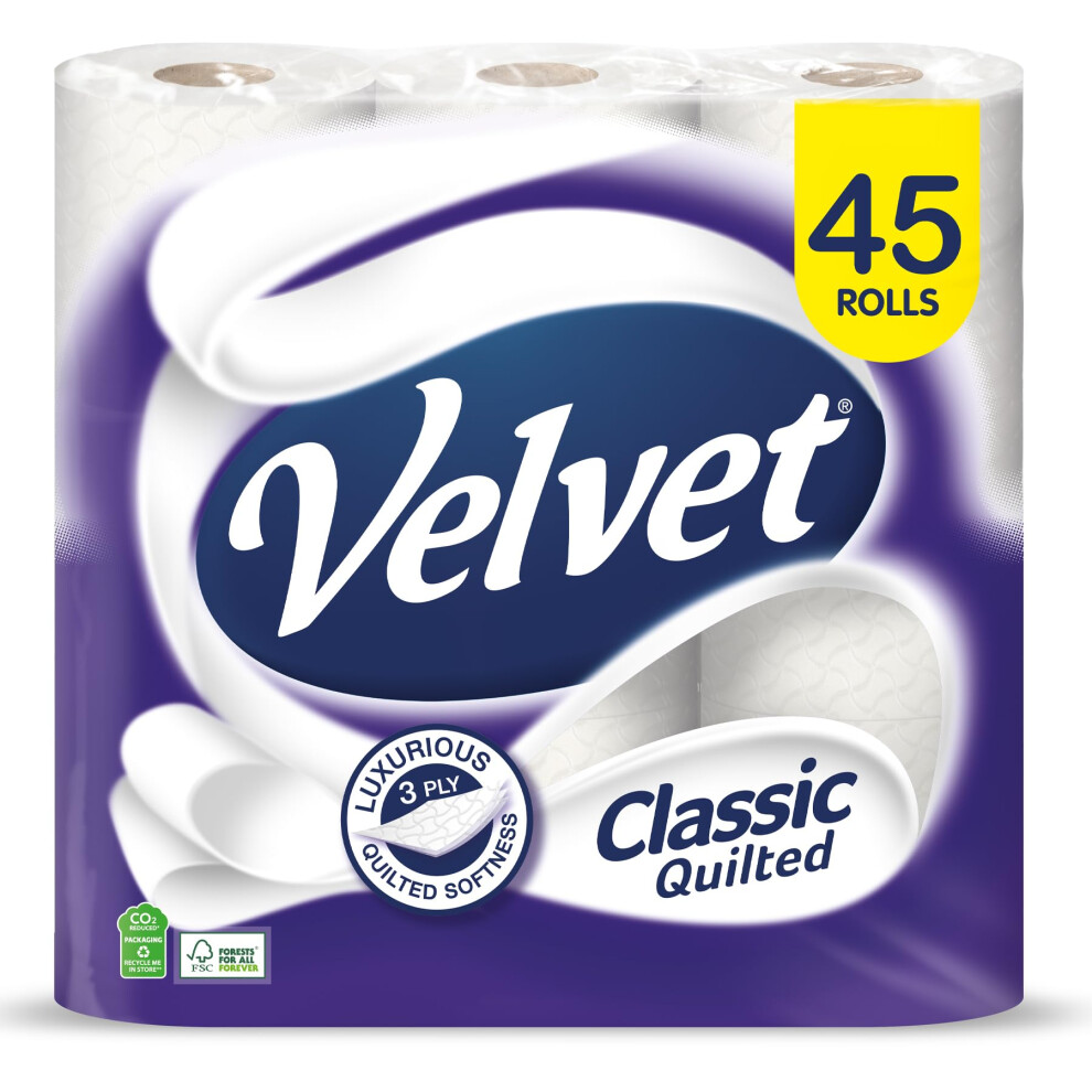 Velvet Classic Quilts Toilet Roll 45 Rolls White