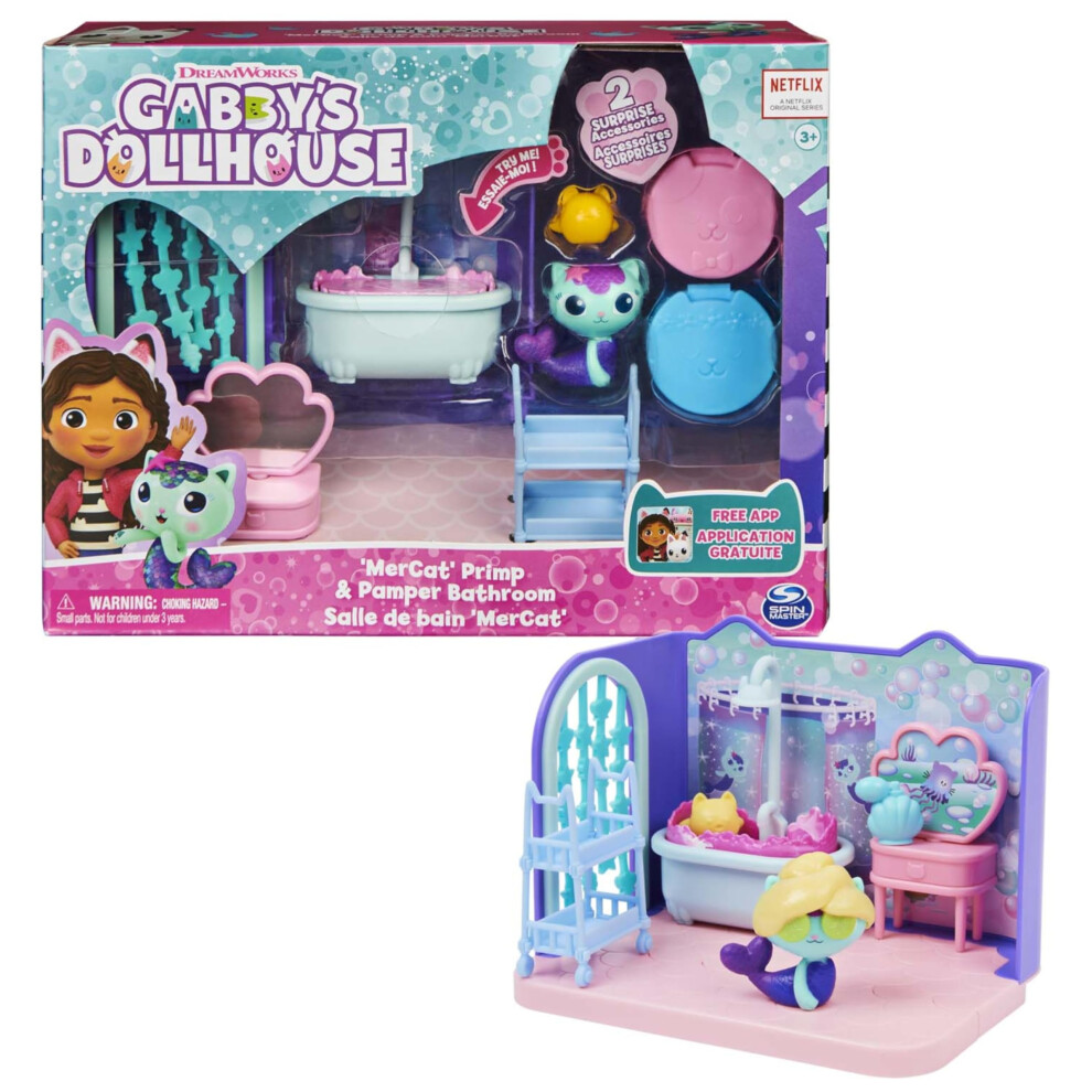 Photos - Doll Accessories Gabby?s Dollhouse, Primp and Pamper Bathroom with MerCat Figure, 3 Accessories and & 3 Furniture Pieces, Kids? Toys for Ages