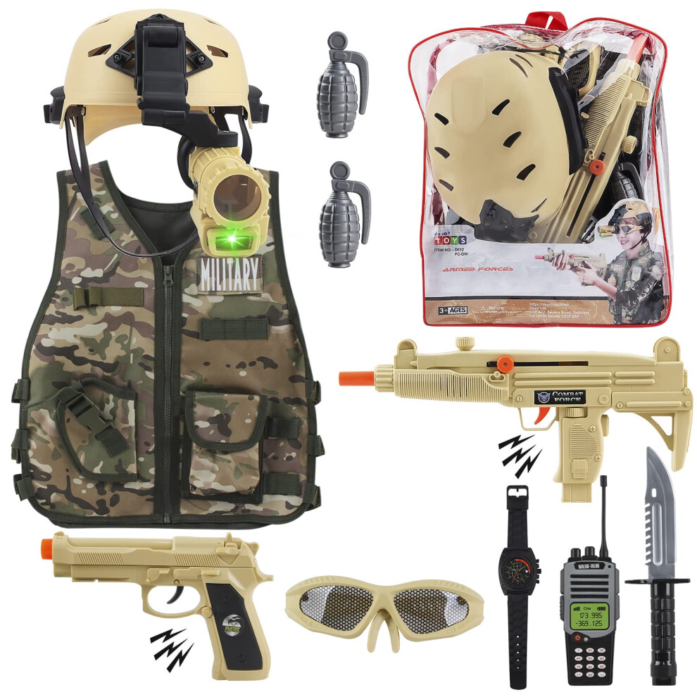Photos - Fancy Dress Deao Toys deAO Military Soldier Camouflage Desert War Costume Set with Helmet, Toy Shotgun, Grenades, Accessories and Storage Backpack