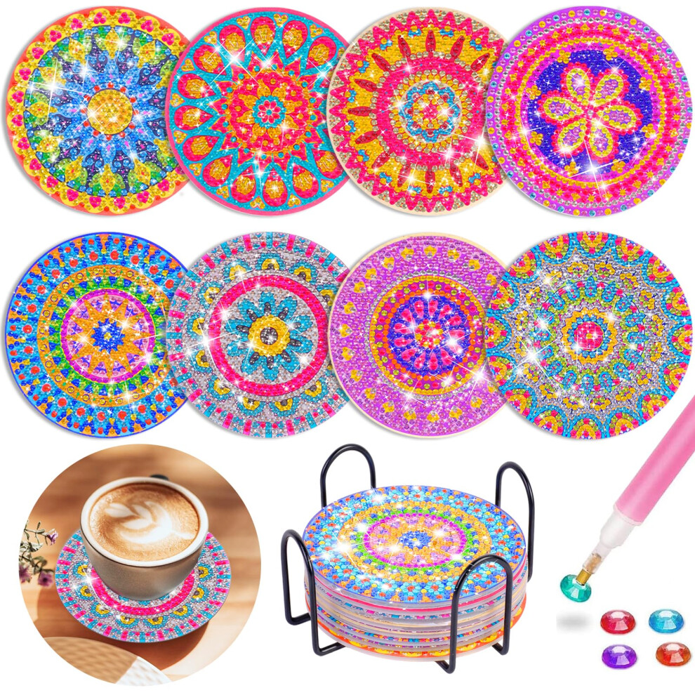 Jovicos Craft Kits for Girl 6 7 8 9 10 Years Olds, 8 PCS Diamond Painting Coaster with Holder, 5D Mandala Diamond Painting Art Craft for Kids Adult,