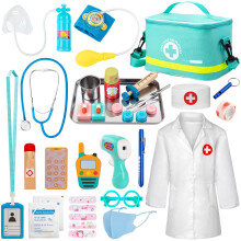 Sundaymot Doctors Set for Kids - 34-Piece Wooden Kit With Real Stethoscope, Portable Bag, and Wooden Syringe - Role Play Toys for 3+ Year Old