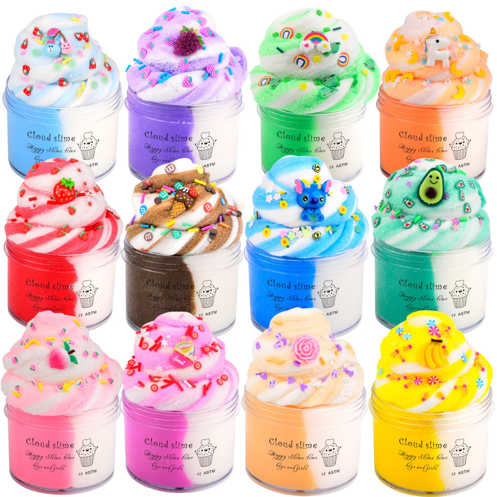 Bretohay Girls Cream Cloud Slime Kit 12 Pack,With Stitch Rainbow Cake Strawberry Rose Slimes Charms,Fluffy Slime For And Boys,Stress Relief Toy For Kids