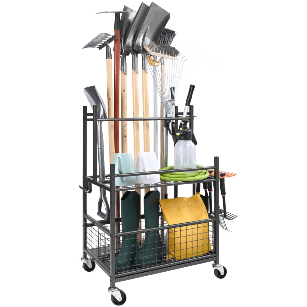 Vevor Garden Tool Organizer, 16 Slots With Hooks, Yard Tool Tower Rack With Wheels For Garage Organization And Storage, Hold Long-Handled