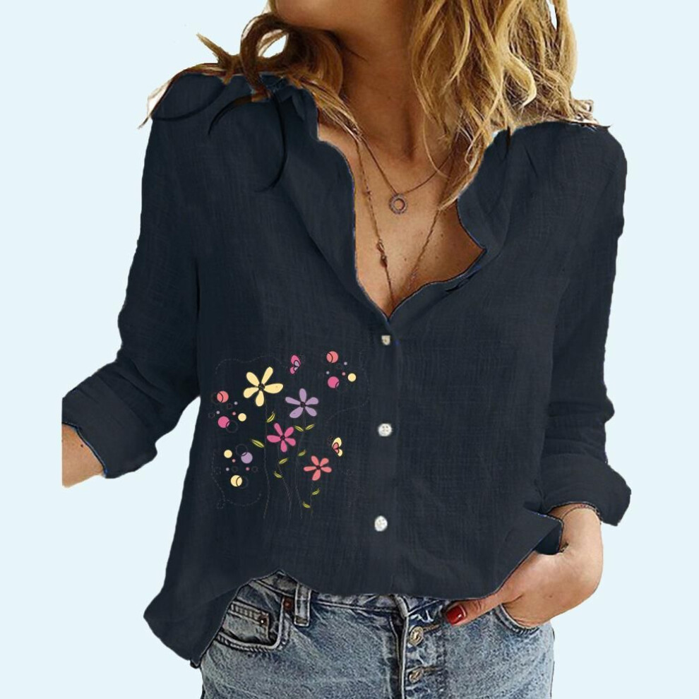(XL, black) Women Fashion Floral Printed Blouses Female Lapel Neck Cotton Linen Top Casual Loose Buttoned Long Sleeve T-shirt