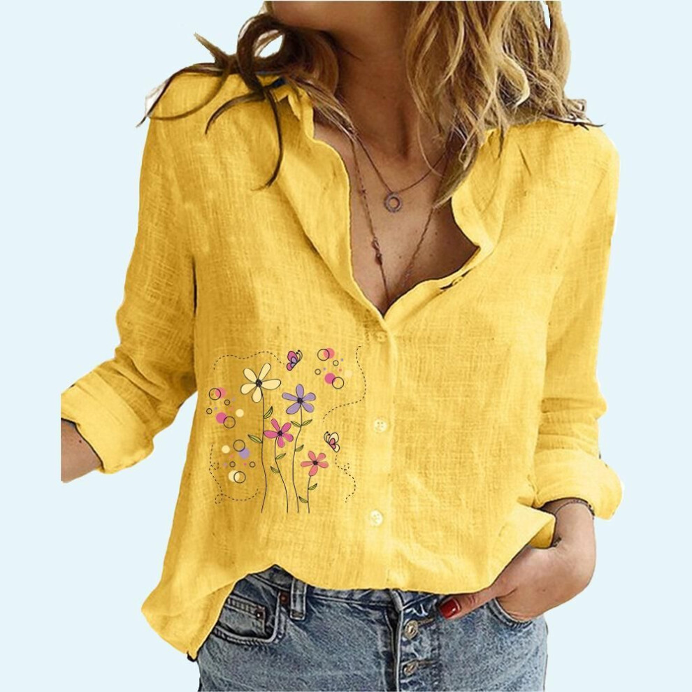 (4XL, yellow) Women Fashion Floral Printed Blouses Female Lapel Neck Cotton Linen Top Casual Loose Buttoned Long Sleeve T-shirt