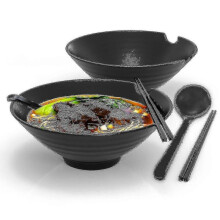 6-piece Ramen Bowl Set with 1000 Ml Filling Quantity - Traditional Japanese Crockery Set with Chopst - JZ