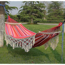 (Pink Stripes, Pink Stripes) 200x150cm Double Outdoor Camping Tassel Canvas Hammock with Stick