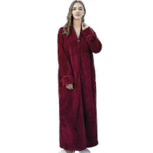 (L, red) Zipper Bathrobe For Womens Flannel Fleece Robes Winter Warm Housecoat Nightgown