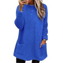 (XL, Blue) Women's Sweatshirt Long Sleeve With 2 Pockets Solid Color Outwear Winter Thick Pullover Plain Sweater - KC