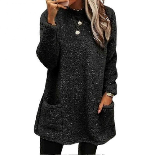 (2XL, Black) Women's Sweatshirt Long Sleeve With 2 Pockets Solid Color Outwear Winter Thick Pullover Plain Sweater - KC