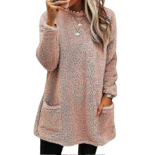 (M, Pink) Women's Sweatshirt Long Sleeve With 2 Pockets Solid Color Outwear Winter Thick Pullover Plain Sweater - KC
