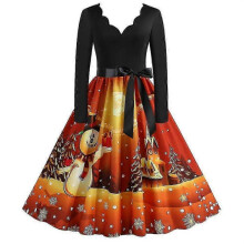 (L, Orange) Christmas Womens Skater Swing Dress V-neck Xmas Party Dresses Gown - JV