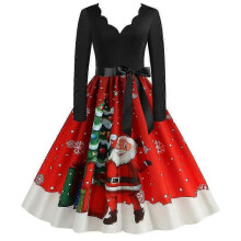 (3XL, Red White) Christmas Womens Skater Swing Dress V-neck Xmas Party Dresses Gown - JV