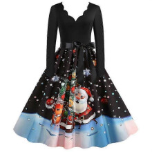 (2XL, Black Blue) Christmas Womens Skater Swing Dress V-neck Xmas Party Dresses Gown - JV