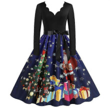 (M, Blue) Christmas Womens Skater Swing Dress V-neck Xmas Party Dresses Gown - JV