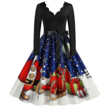 (3XL, Blue White) Christmas Womens Skater Swing Dress V-neck Xmas Party Dresses Gown - JV