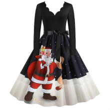 (3XL, Black White) Christmas Womens Skater Swing Dress V-neck Xmas Party Dresses Gown - JV