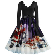 (XL, Purple White) Christmas Womens Skater Swing Dress V-neck Xmas Party Dresses Gown - JV