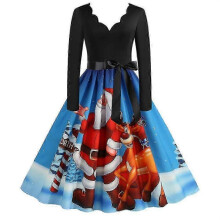 (L, Sky Blue) Christmas Womens Skater Swing Dress V-neck Xmas Party Dresses Gown - JV