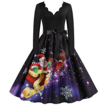 (3XL, Purple) Christmas Womens Skater Swing Dress V-neck Xmas Party Dresses Gown - JV