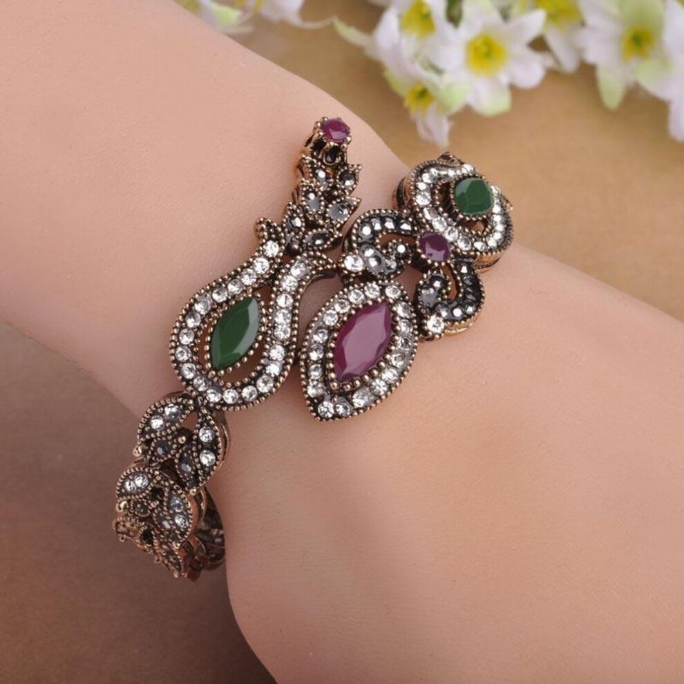 (red) Blucome Latest Vintage Women Party Bangles Red Acrylic Resin Lily Flower Bracelets Full Crystals Turkish Bijuterias Hand Jewelry