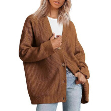 (XL, brown) Promotional sales Women's sweater jacket cardigan button placket V-neck plain