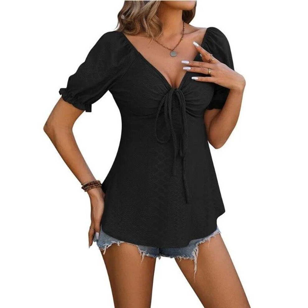 (S, black) 2024 Summer Puff Sleeve Womens Blouse V-neck Drawstring Slim Fit Short Sleeve Shirts Woman Fashion Solid Elegant Tops  30643