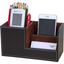 Multifunctional desk organizer 3 storage compartment pen holder (brown)