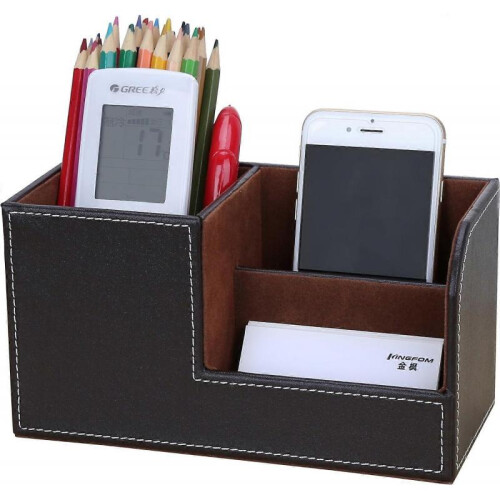 Multifunctional desk organizer 3 storage compartment pen holder (brown)