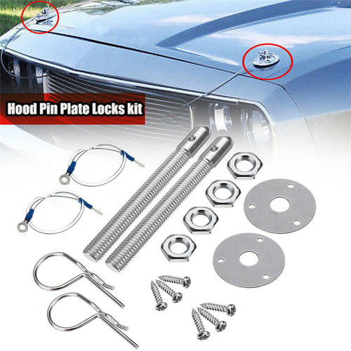 Universal Mount Bonnet Hood Pin Lock Latch Kit Racing Alloy Silver 2