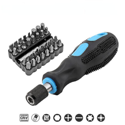 (Blue) Hex Shanked Non-slip Screwdriver Handle With Screwdriver Bits Repair Kit