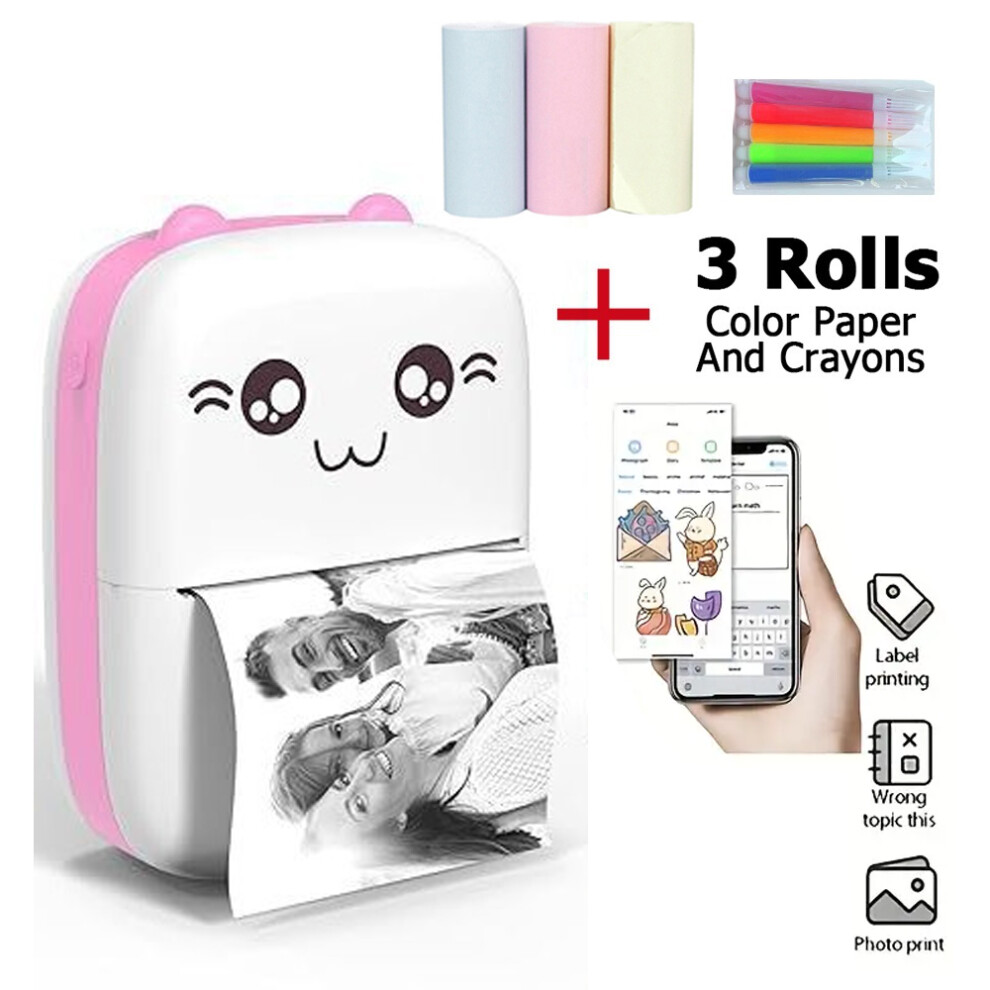 Mini-imprimante thermique Bluetooth portable, compatible Android et iOS, avec 3 rouleaux de papier couleur - Rose