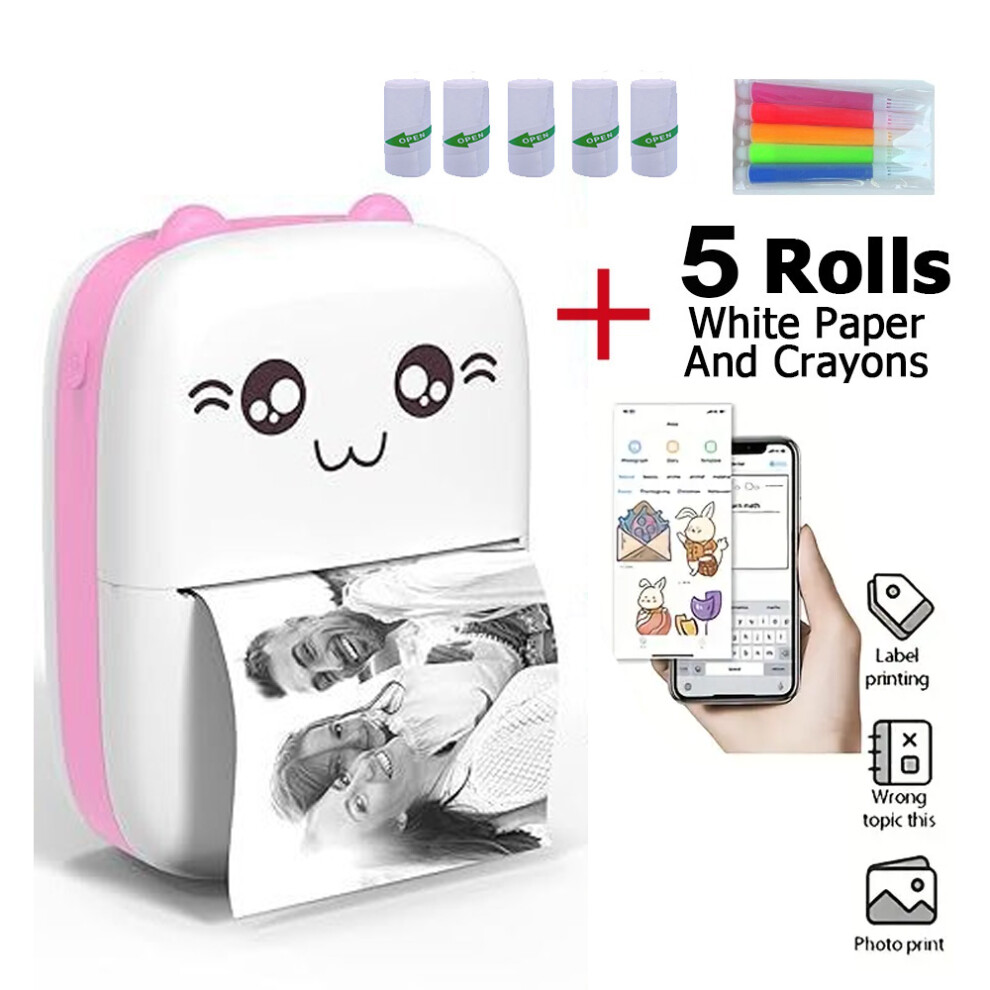 Mini-imprimante thermique Bluetooth portable, compatible Android et iOS, avec 5 rouleaux de papier adhésif, rose