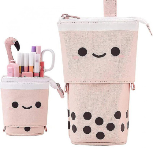 (Pink) Pencil Case Pull Down Wave Point Pen Holder Case Retractable Capacity Canvas