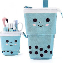 (Blue) Pencil Case Pull Down Wave Point Pen Holder Case Retractable Capacity Canvas