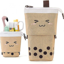 (Brown) Pencil Case Pull Down Wave Point Pen Holder Case Retractable Capacity Canvas