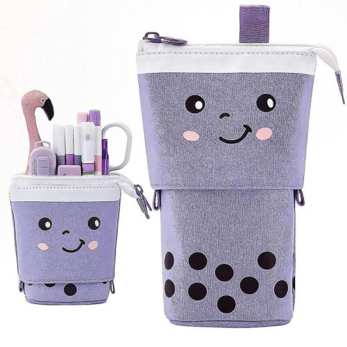 (Purple) Pencil Case Pull Down Wave Point Pen Holder Case Retractable Capacity Canvas 1
