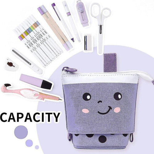 (Purple) Pencil Case Pull Down Wave Point Pen Holder Case Retractable Capacity Canvas 2