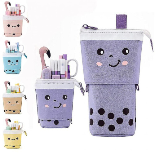 (Purple) Pencil Case Pull Down Wave Point Pen Holder Case Retractable Capacity Canvas