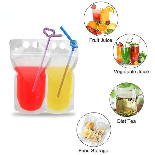 100pcs Clear Drink Pouches Reusable Drinks Bags Portable Stand-up with Straw 2