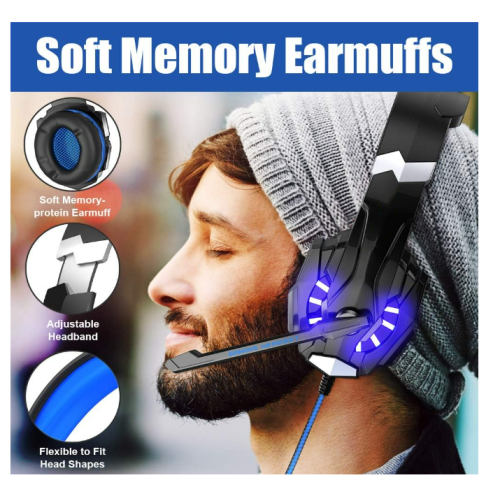 Casque de jeu stéréo avec microphone, éclairage LED, basses surround, coussinets d'oreille à mémoire de forme, bleu 2