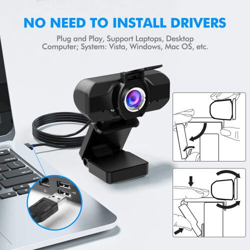 Webcam Hd 1080P Webcam com Microfone Câmara de Portátil de Secretária Usb com Ecrã Panorâmico de 110 Graus Webcam de Streaming para Chamadas 2