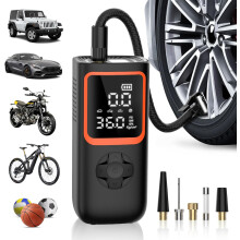 Compresseur d'air portable sans fil 6 000 mAh pour pneus de voiture, avec manomètre et éclairage LED.