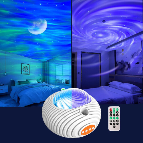 Dual Effect Night Light , 14 Colors and White Noise Projector Light, Timer & Remote Control (White)