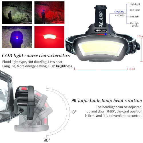 COB Floodlight Headlamp USB Rechargeable with Red Light, 2000 Lumen LED Headlight (Black) 2