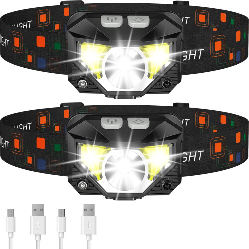 Headlamp Flashlight, Rechargeable Headlight, 2-Pack Waterproof Motion Sensor Head Lamp(Black)