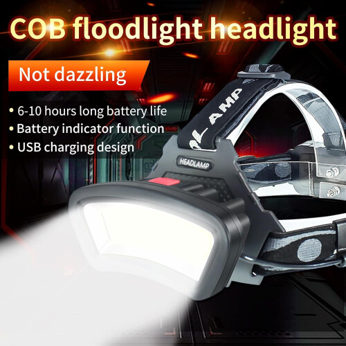 COB Floodlight Headlamp USB Rechargeable with Red Light, 2000 Lumen LED Headlight (Black) 1
