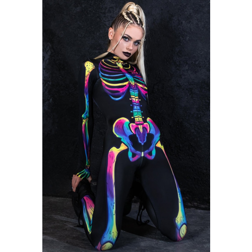 (L)Costume de squelette avec os arc-en-ciel