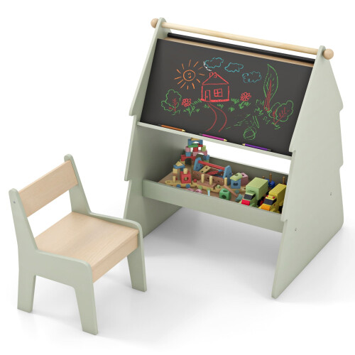 Costway 2-in-1 Double-sided Kids Art Easel with Stool and Paper Roll Holder